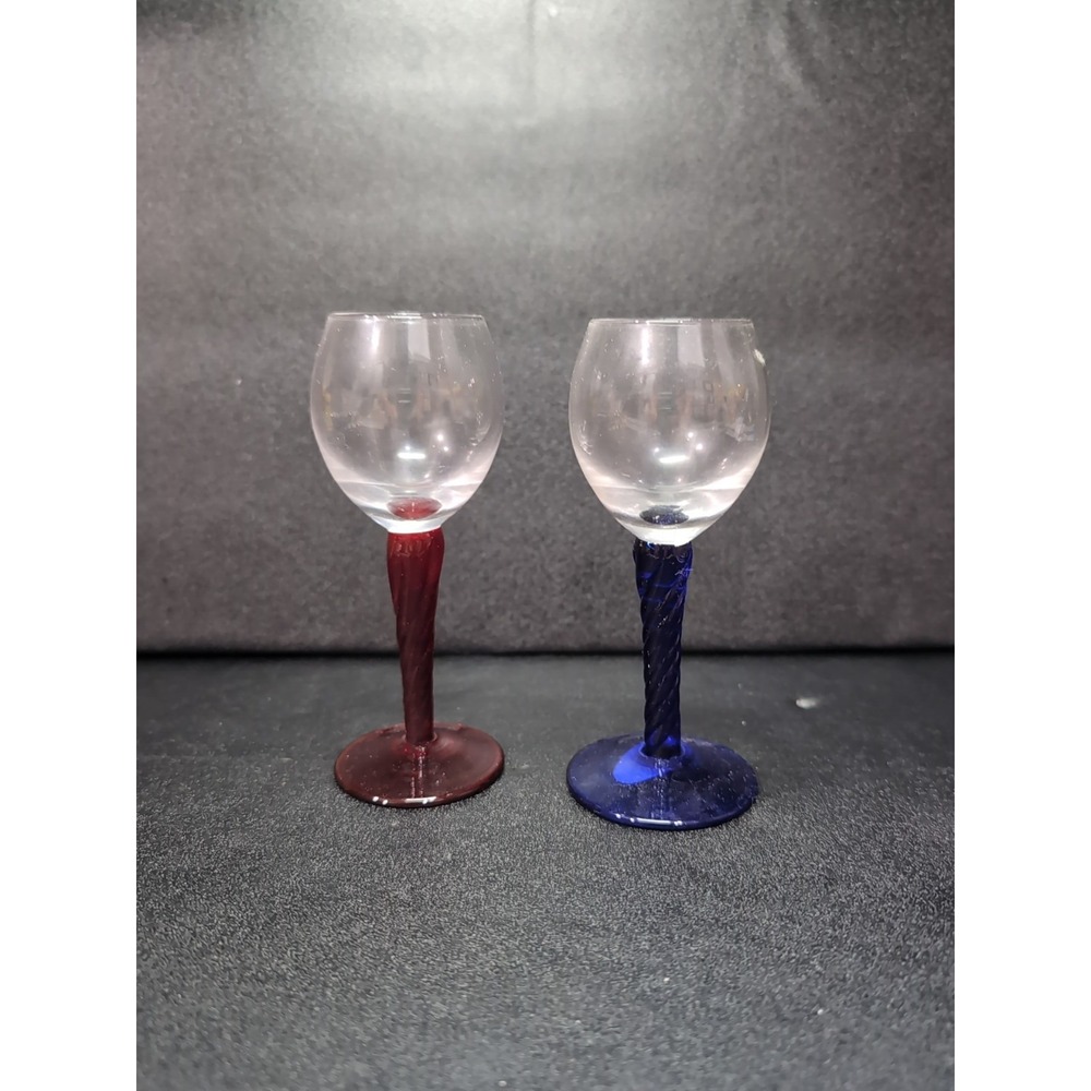 Bombay Twisted Stem Cordials, Cobalt Blue and Ruby Red Glasses, Vtg Shot Glasses